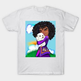 Girl with Afro hair cuddles puppy dog ii, Cavapoo puppy dog, cute Cavoodle, Cavapoo, Cavalier King Charles Spaniel T-Shirt